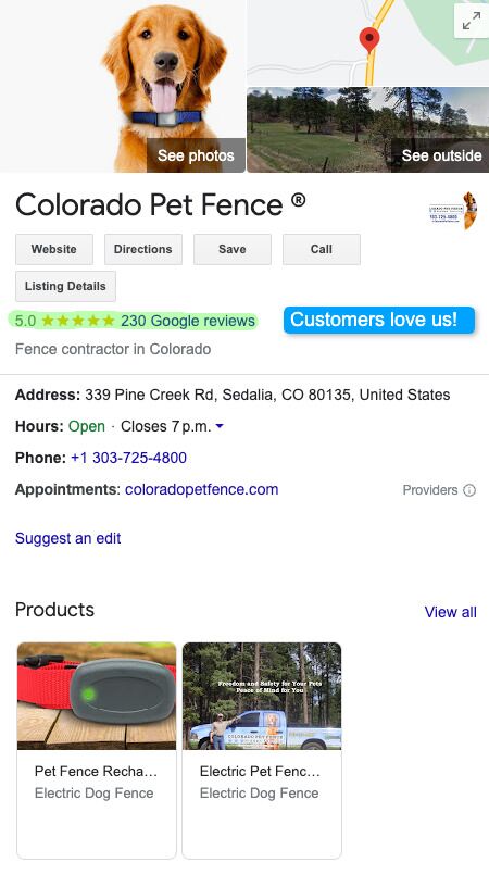 Colorado pet fence Google Business Profile with 230 reviews