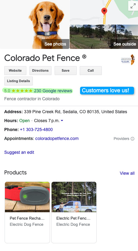 Colorado pet fence Google Business Profile with 230 reviews